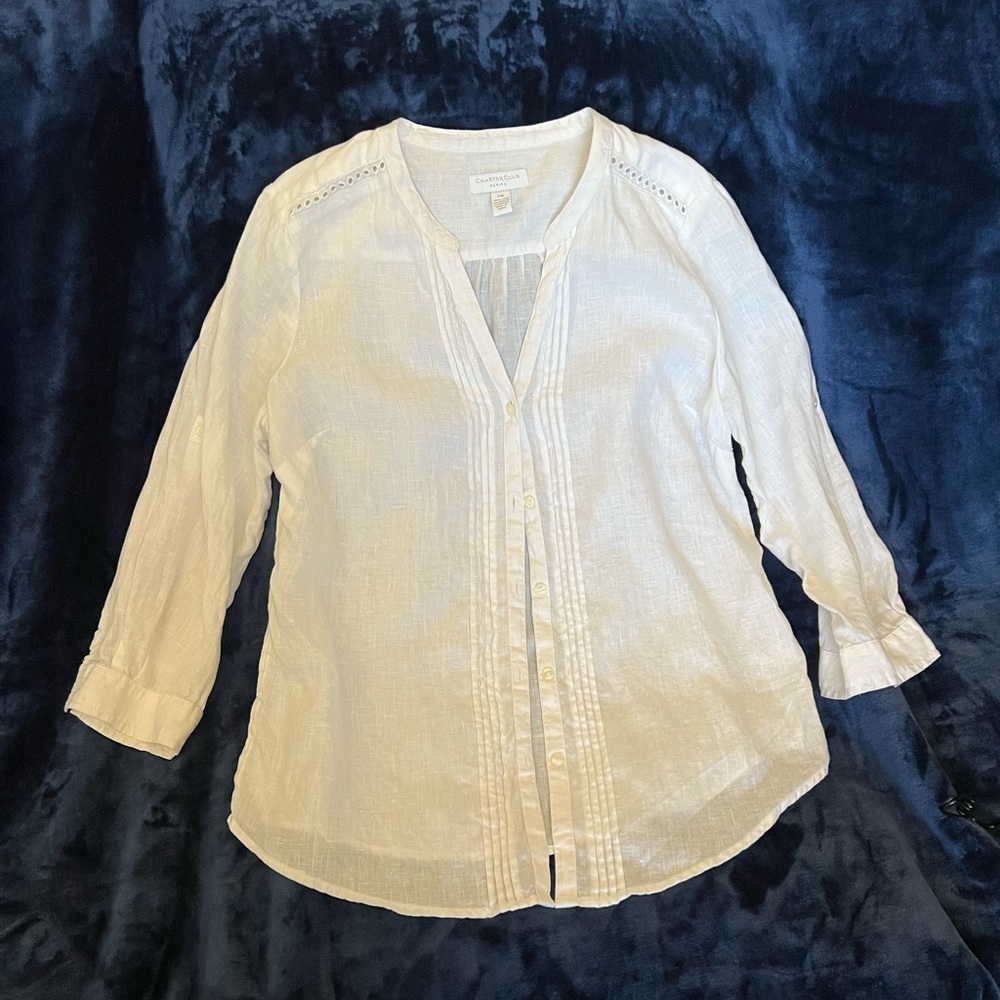 Charter Club MP medium petite white 100% linen 3/4 sleeve